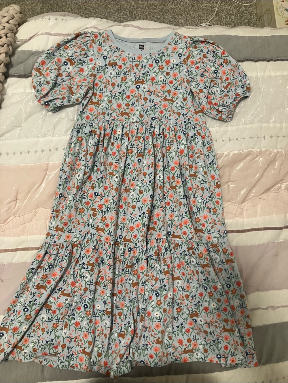 Tea collection - Size 8 Light Blue Floral Puff-Sleeve Kids Dress